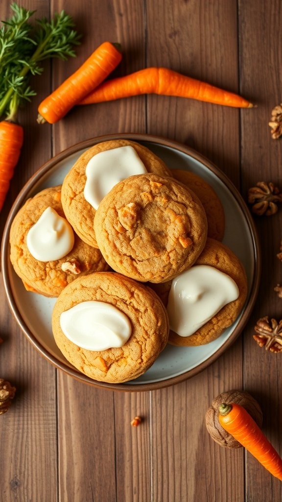 A plate of carrot cake cookies with cream cheese frosting, surrounded by carrots and walnuts on a wooden table.